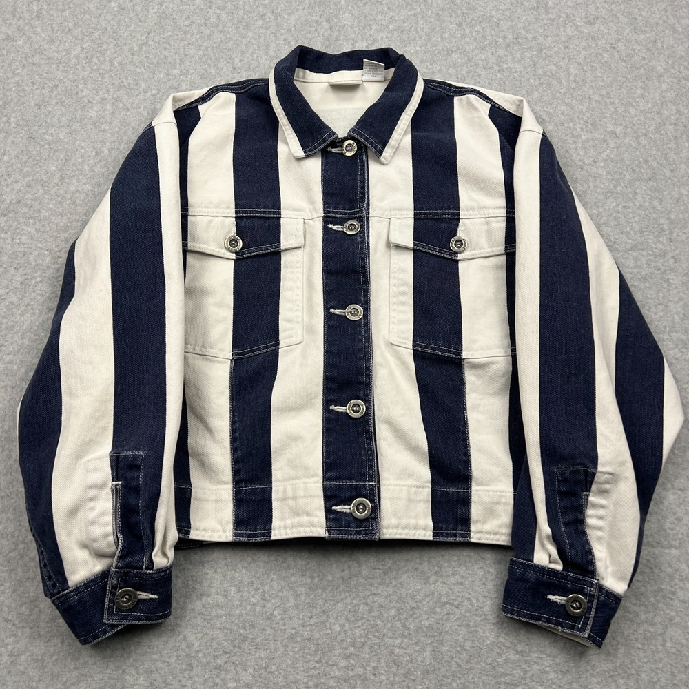 VTG First Issue Denim Jacket Women's Large Navy White Striped Cotton Button Up